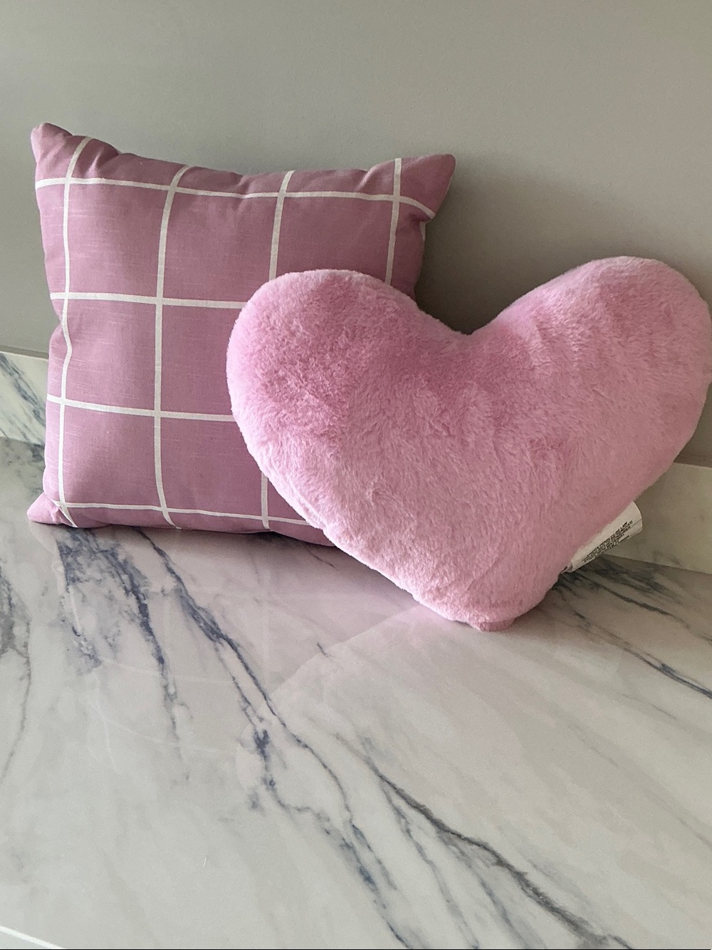 Pink Heart Plush Pillow + Pink Grid Throw Pillow Set